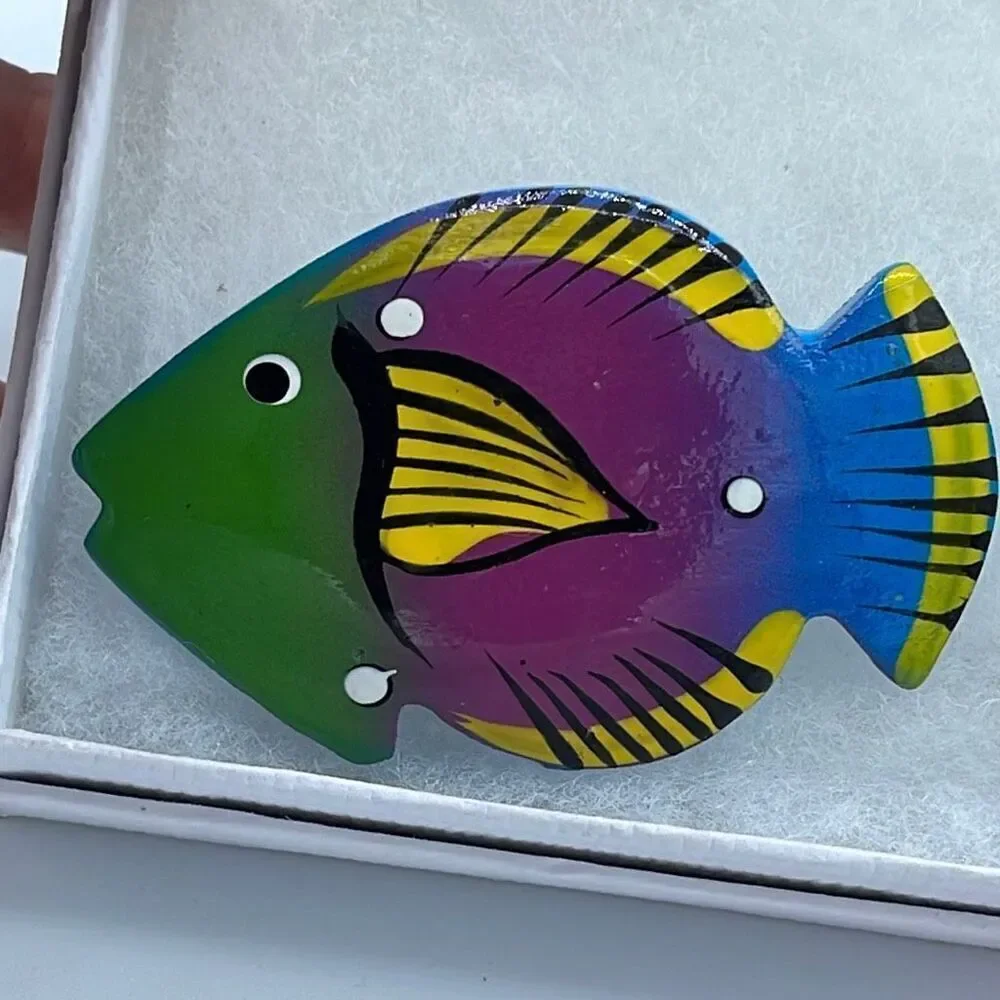 Bright fun Artisan made lightweight wooden fish brooch